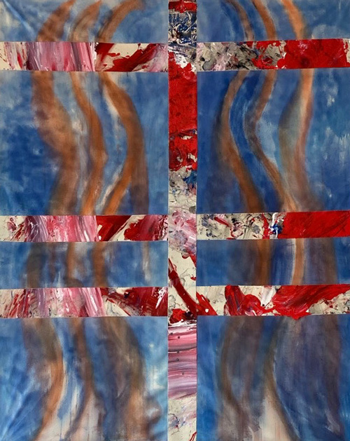 <i>Totem Fountain 01</i>, 2022, Acrylic and indigo dye on canvas, 100 x 78 inches 